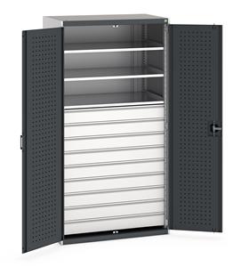 Bott cubio kitted cupboard with lockable steel perfo lined doors 1050mm wide x 650mm deep x 2000mm high.  Supplied with 9 x 125mm high drawers and 3 x metal shelves.   Drawer capacity 75kgs, shelf capacity 100kgs.... Bott1050mm Wide Industrial Tool Cupboards